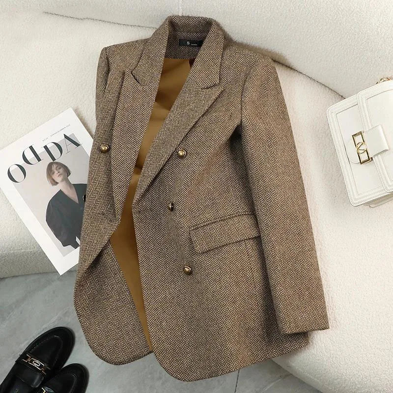 Women's Autumn Winter Long Sleeve Blazer Coats Vintage Thick Woolen Jackets Notched Elegant Outerwears Female Clothes