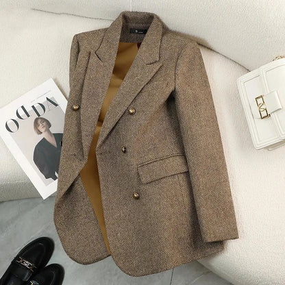 Women's Autumn Winter Long Sleeve Blazer Coats Vintage Thick Woolen Jackets Notched Elegant Outerwears Female Clothes