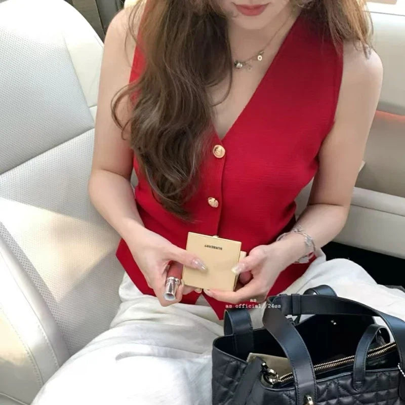 Womens Gold Button Front Vest V-Neck Ruched Waist Sleeveless Knit Jacket Casual Chic Spring Summer 2025 Trendy Outfit