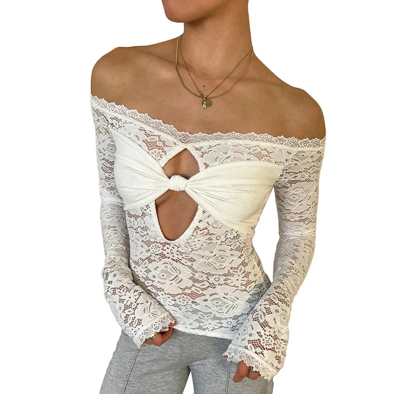 Lace-Trimmed Autumn Women's T-Shirt Off-Shoulder Hollow Out Contrast Panels Crop Top For Female Sexy Cropped Lady's Clothing