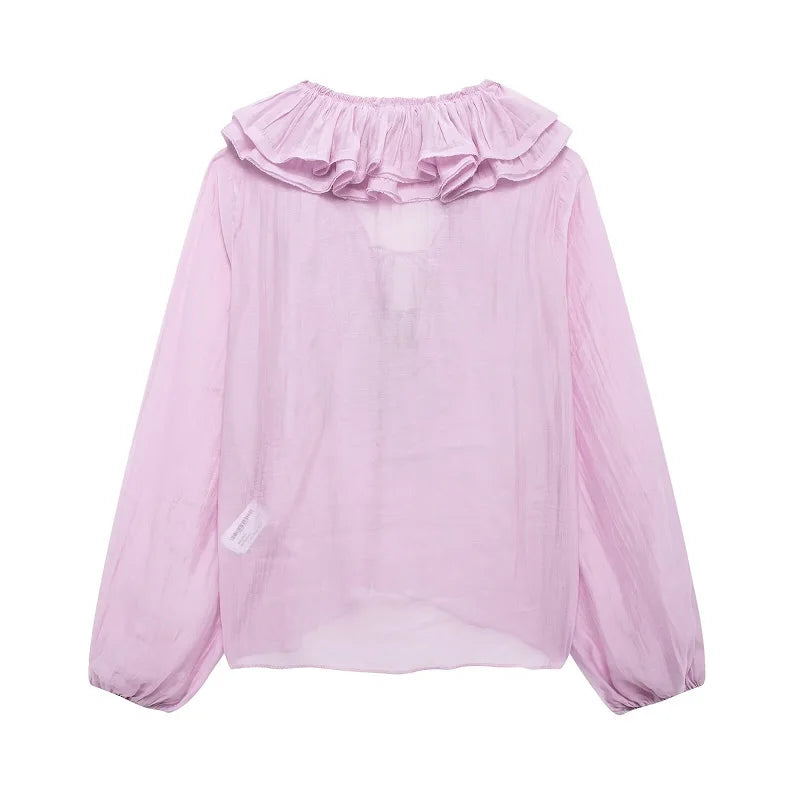 MUJER 2025 Ruffle Blouses for Women Semi Sheer Casual Blouse Woman Pleated Summer Shirts and Blouses Women Long Sleeve Women Top