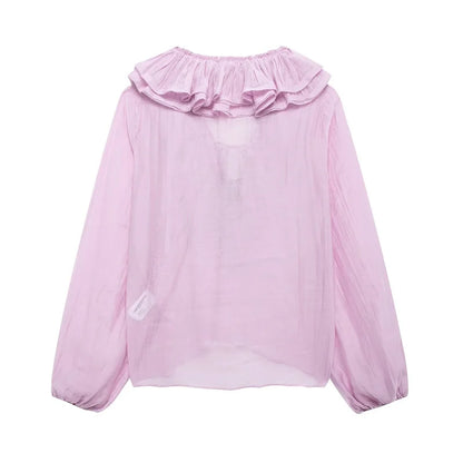 MUJER 2025 Ruffle Blouses for Women Semi Sheer Casual Blouse Woman Pleated Summer Shirts and Blouses Women Long Sleeve Women Top
