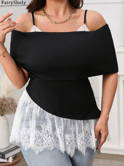 Fairyshely 2025 Summer Off Shoulder Plus Size Top Women Lace Ruffle Large Strap T-shirt Lady Short Sleeve Elegant Curvy Tops