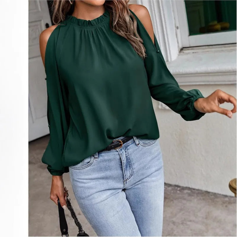 Fashion lotus leaf pleat semi high neck off shoulder hollowed out long sleeved top spring autumn women's elegant temperament top
