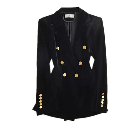 Spring Autumn New Canary Velvet Blazer Women Double Breasted Pocket Fashion Slim Suit Jacket Female Elegant Blazers Coat W815