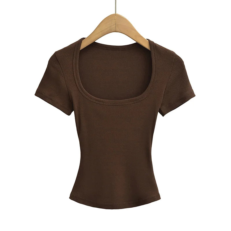 Summer square neck high elasticity crop top women's short sleeved sexy top slim fit pullover base shirt