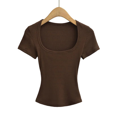 Summer square neck high elasticity crop top women's short sleeved sexy top slim fit pullover base shirt