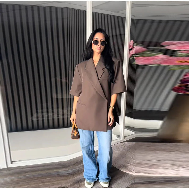 Women's Suit Jackets Loose Lapel One Button Short Sleeve Blazers 2025 Summer Elegant Lady Office Outwear Street