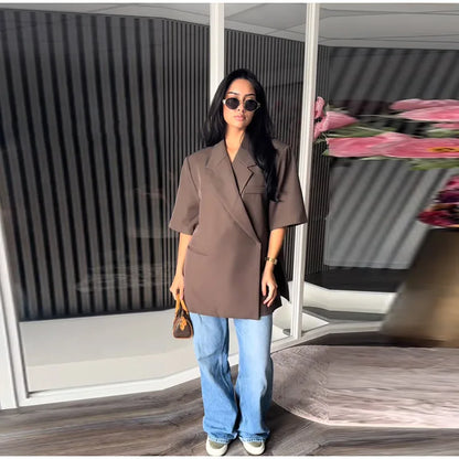 Women's Suit Jackets Loose Lapel One Button Short Sleeve Blazers 2025 Summer Elegant Lady Office Outwear Street