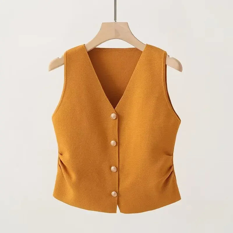 Womens Gold Button Front Vest V-Neck Ruched Waist Sleeveless Knit Jacket Casual Chic Spring Summer 2025 Trendy Outfit
