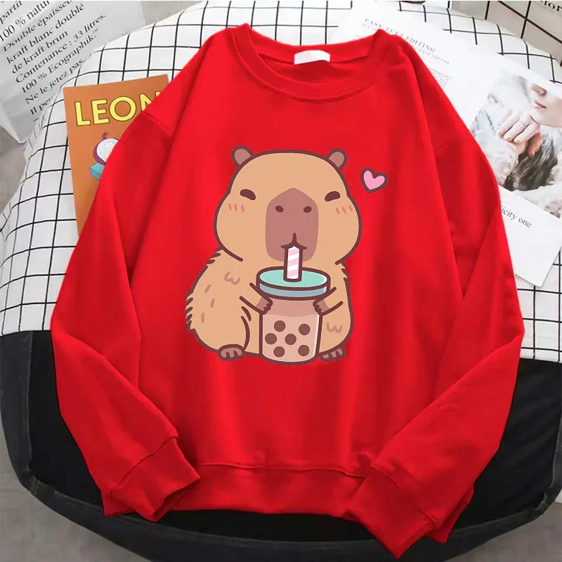 Crew Neck Capybara Hoodie O-Neck Fashion Women Cartoon Harajuku Aesthetic Graphic Hoodies Vintage Pullovers Sweatshirts
