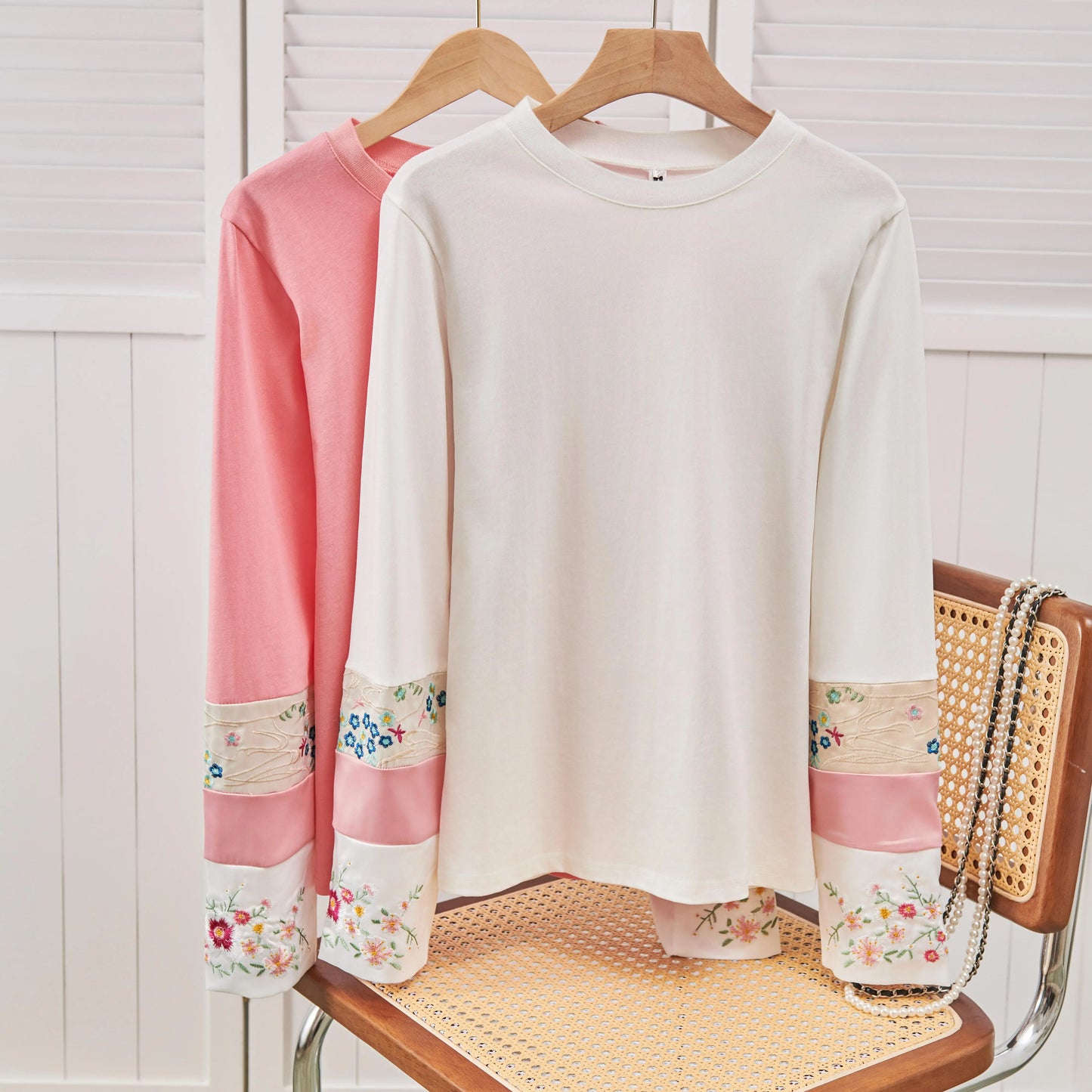 Vintage Chinese Style Women's Clothing Top Long Sleeve Jacquard Embroidery Crew Neck Panelled Long Sleeves Loose T-Shirts