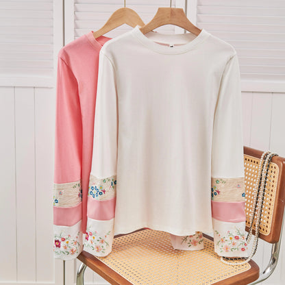 Vintage Chinese Style Women's Clothing Top Long Sleeve Jacquard Embroidery Crew Neck Panelled Long Sleeves Loose T-Shirts
