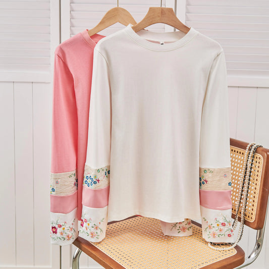 Vintage Chinese Style Women's Clothing Top Long Sleeve Jacquard Embroidery Crew Neck Panelled Long Sleeves Loose T-Shirts