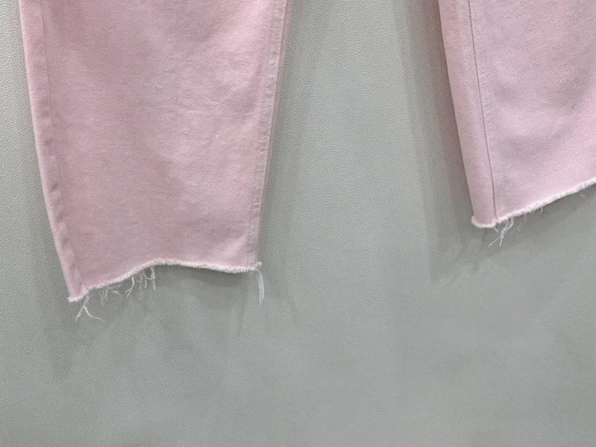 REALEFT 2025 New Hole Pink Women's Denim Wide Leg Pants High Waist Spring Summer Casual White Jeans Straight Trourses Female