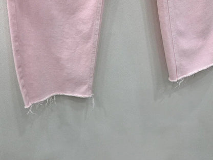 REALEFT 2025 New Hole Pink Women's Denim Wide Leg Pants High Waist Spring Summer Casual White Jeans Straight Trourses Female