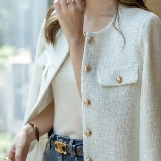 2025 Wool Tweed Coat Fashion High-end Gold Button Short Slim Temperament Spring and Autumn Korean Coats Women Jacket