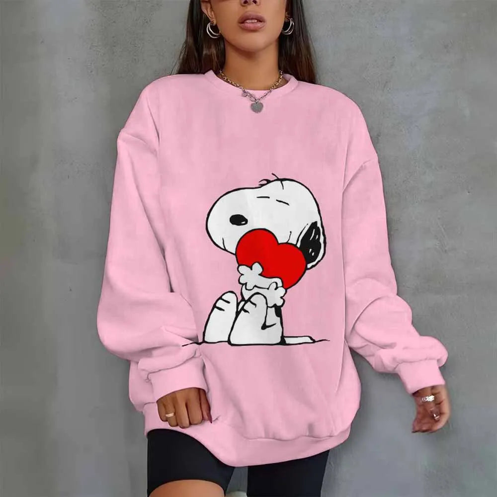 Snoopy Heart Print Crew Neck T shirt Casual Long Autumn winter top women's long sleeved Sweatshirt loose comfortable Hoodies