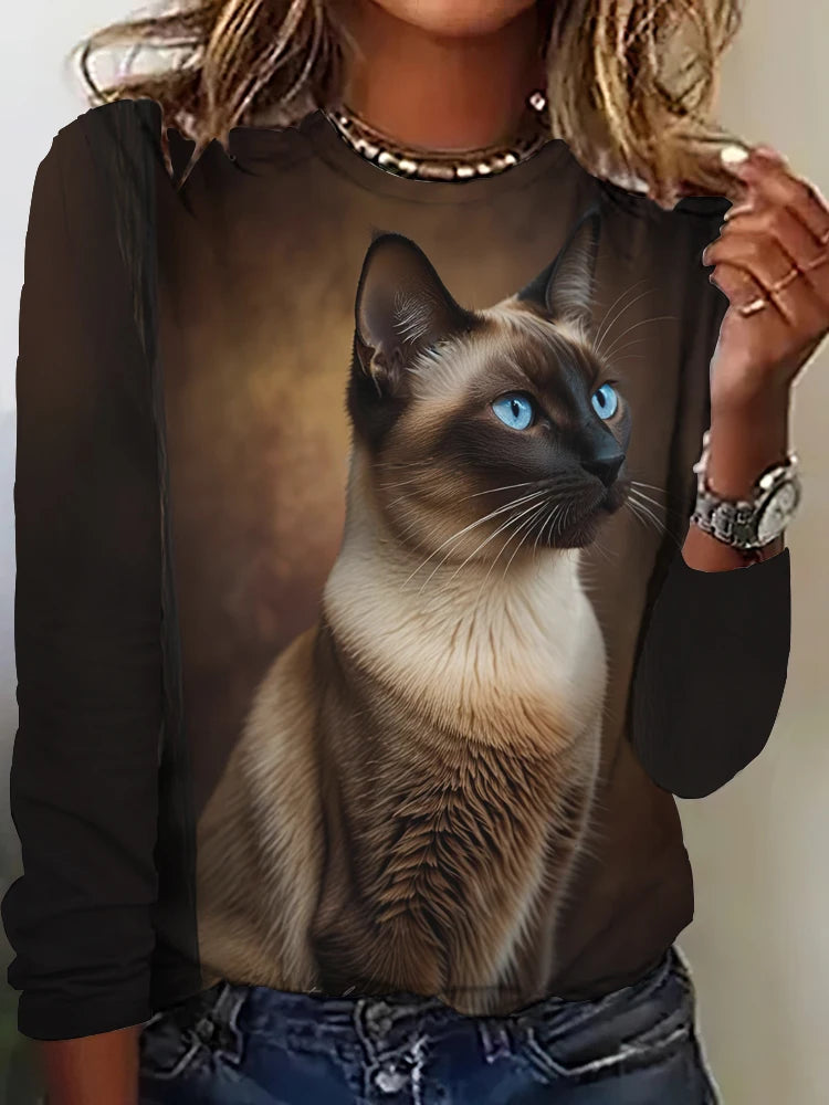 Fall Women's Long Sleeve T-Shirt Cute Cat Print Street Casual Crew Neck Pullover Oversized Clothing Outdoor T Shirts