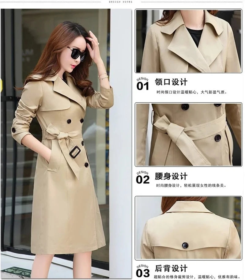 Windbreaker Women's Long British 2023 Spring And Autumn New Coat Korean Double Breasted Ladies Knee-High Coat Lace-Up Trench