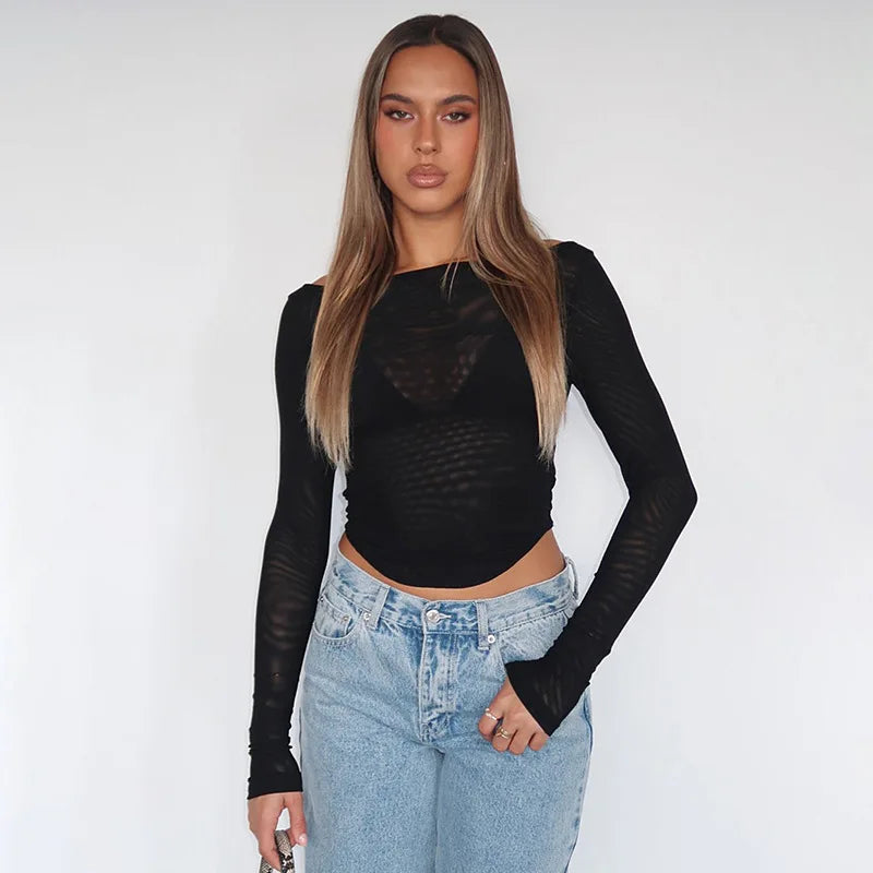 Female's Autumn T-Shirt Sheer Mesh Off-Shoulder Curved Hem Pullover Long Sleeve Women's Top Comfortable Clothing For Lady