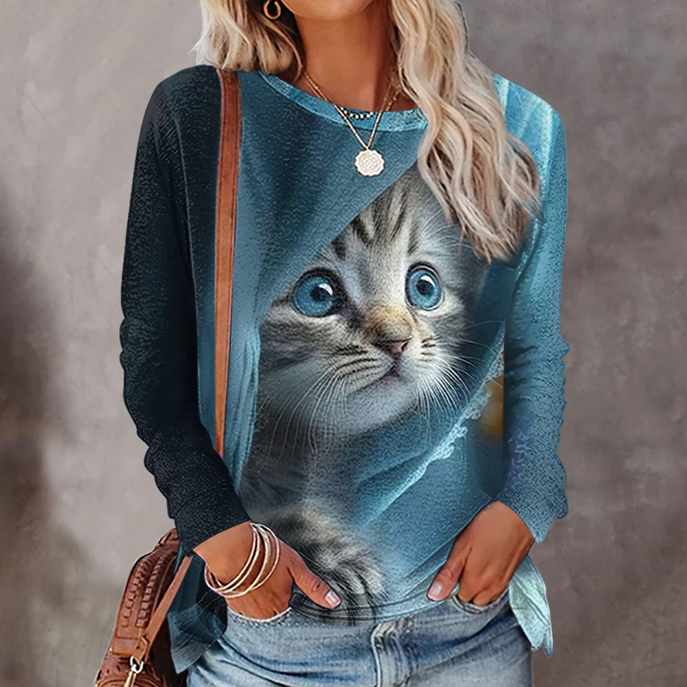 Fall Women's Long Sleeve T-Shirt Cute Cat Print Street Casual Crew Neck Pullover Oversized Clothing Outdoor T Shirts