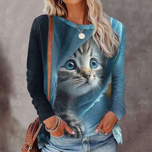 Fall Women's Long Sleeve T-Shirt Cute Cat Print Street Casual Crew Neck Pullover Oversized Clothing Outdoor T Shirts