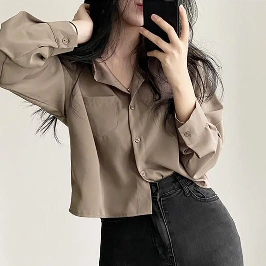 Simple Single Breasted Loose Casual Solid Long Sleeved Shirt And Blouse Office Lady Trend Short Top Simple Elegant White Clothes