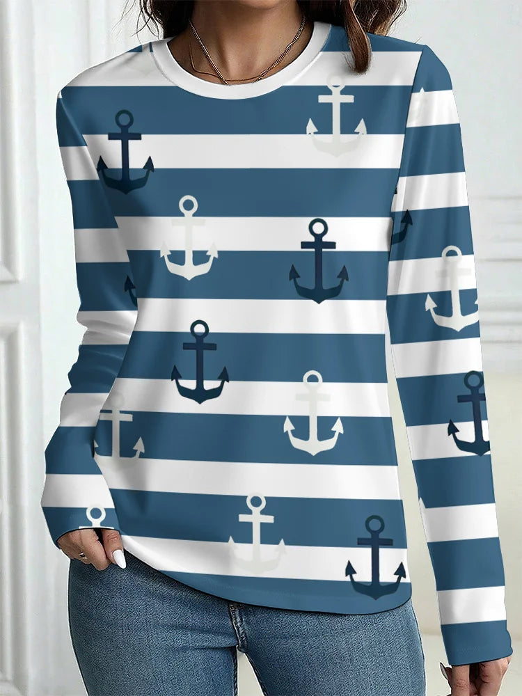 Women's T-Shirt Outdoor Casual Long Sleeve Pattern Print Street Crew Neck Fall Female Oversized Clothing Fashion T Shirts