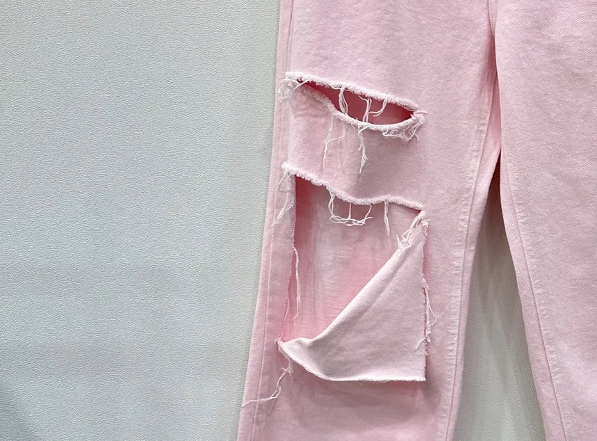 REALEFT 2025 New Hole Pink Women's Denim Wide Leg Pants High Waist Spring Summer Casual White Jeans Straight Trourses Female
