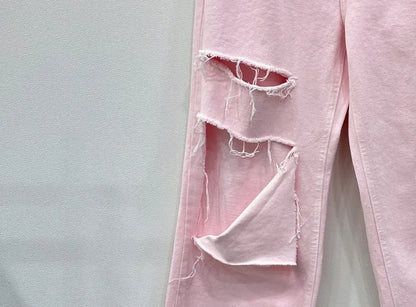 REALEFT 2025 New Hole Pink Women's Denim Wide Leg Pants High Waist Spring Summer Casual White Jeans Straight Trourses Female