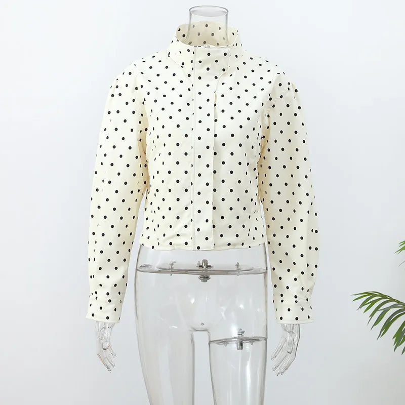 Polka Dot Print Round Neck Short Coats Women's High Street Blazer Long Sleeve Jackets 2025 Elegant Office Ladies Suit Outerwear