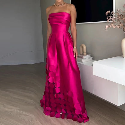 Sexy Elegant Off Shoulder Satin Spliced Hollow Out Party Dress Women's Summer Backless Red Chic Banquet Evening Dresses 2025 New