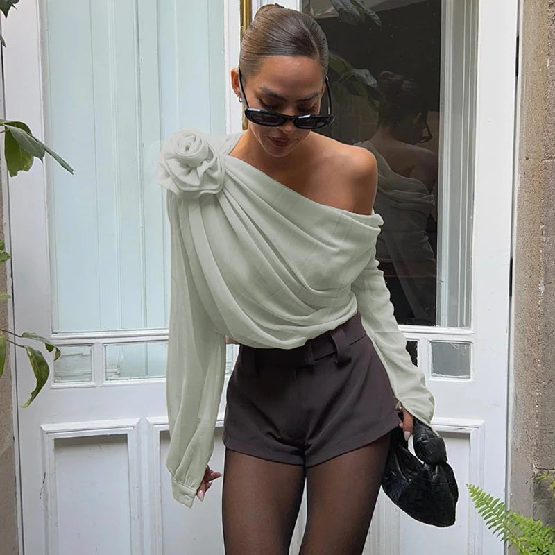 Candyhot Irregular Sexy Off Shoulder Oblique-neck Flower Applique T Shirt French Fashion Long Sleeve Crop Tops Chic Mesh Camis