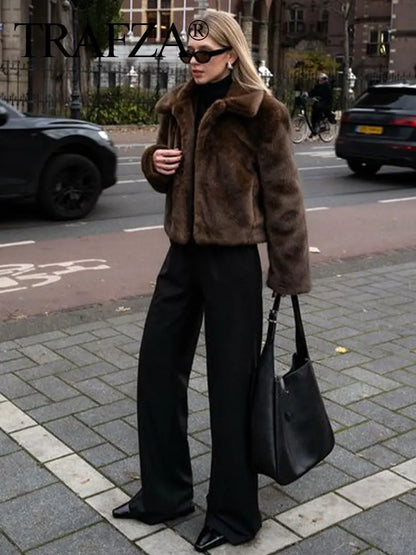 TRAFZA Vintage Women's New Faux Fur Coat Solid Lapel Long Sleeve Pockets 2025 Winter Female Jackets Streetwear Woman Outwear