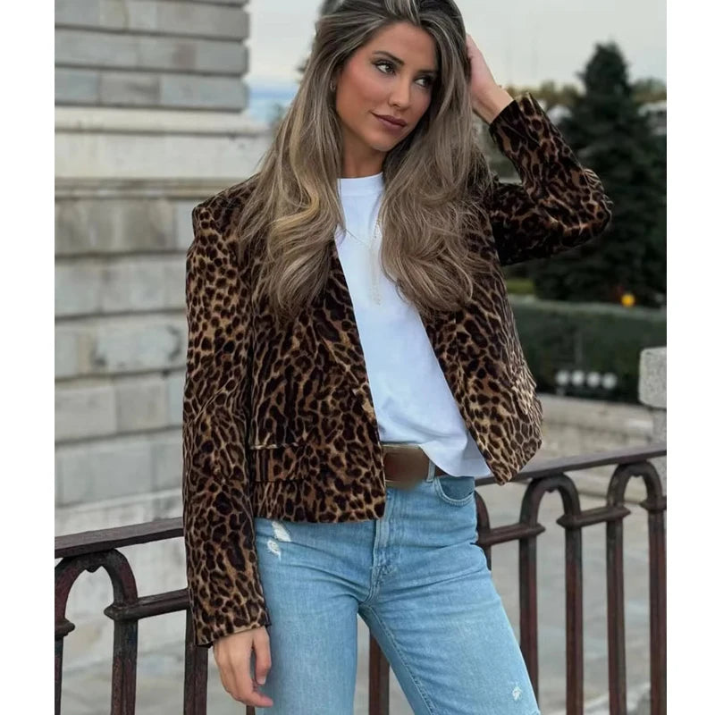 MUJER Leopard Print Blazer for Women Luxury Velvet Women's Blazers Suit Set Long Sleeve Office Blazer Woman Fashion Outerwears