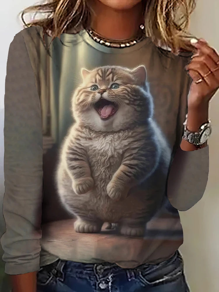 Fall Women's Long Sleeve T-Shirt Cute Cat Print Street Casual Crew Neck Pullover Oversized Clothing Outdoor T Shirts