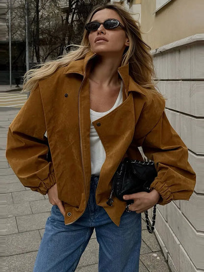Locomotive Lapel Suede Jacket Women Lantern Long Sleeve Loose Fitting Patchwork Pilot Coats New Early Autumn Cool Girl Outerwear