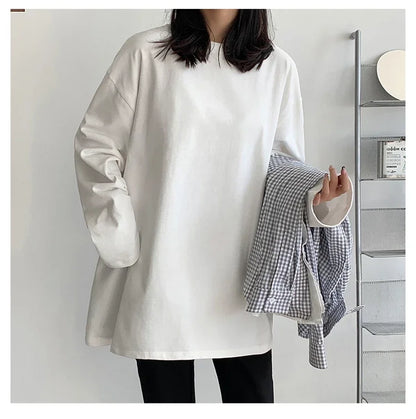 New Trendy Cotton Long Sleeve T-Shirt Women Oversize  Basic Tee Casual O-neck Tops Simple Streetwear Cozy Versatile T-shirt