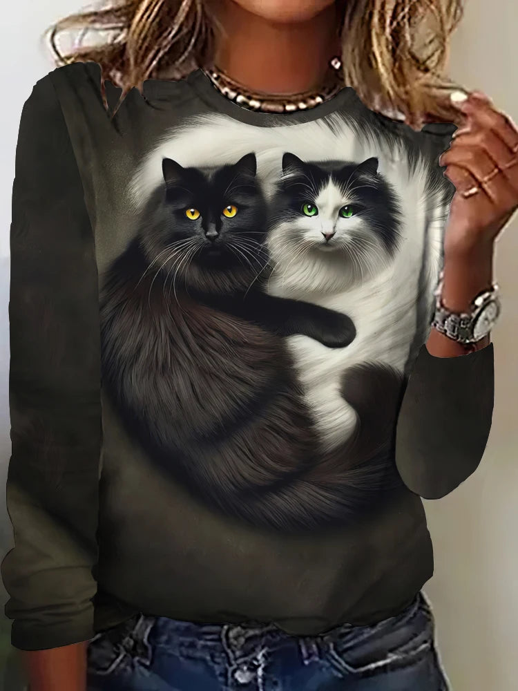 Fall Women's Long Sleeve T-Shirt Cute Cat Print Street Casual Crew Neck Pullover Oversized Clothing Outdoor T Shirts