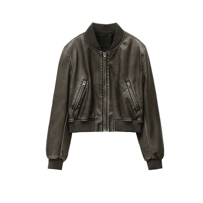 RARF Women Washed Leather Loose Jacket Vintage Stand Collar Gradient Zipper Short Coat Spring Lady Locomotive Style Chic Coat