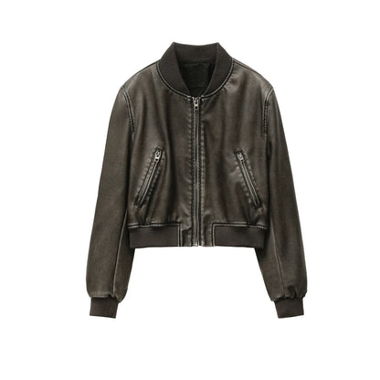RARF Women Washed Leather Loose Jacket Vintage Stand Collar Gradient Zipper Short Coat Spring Lady Locomotive Style Chic Coat