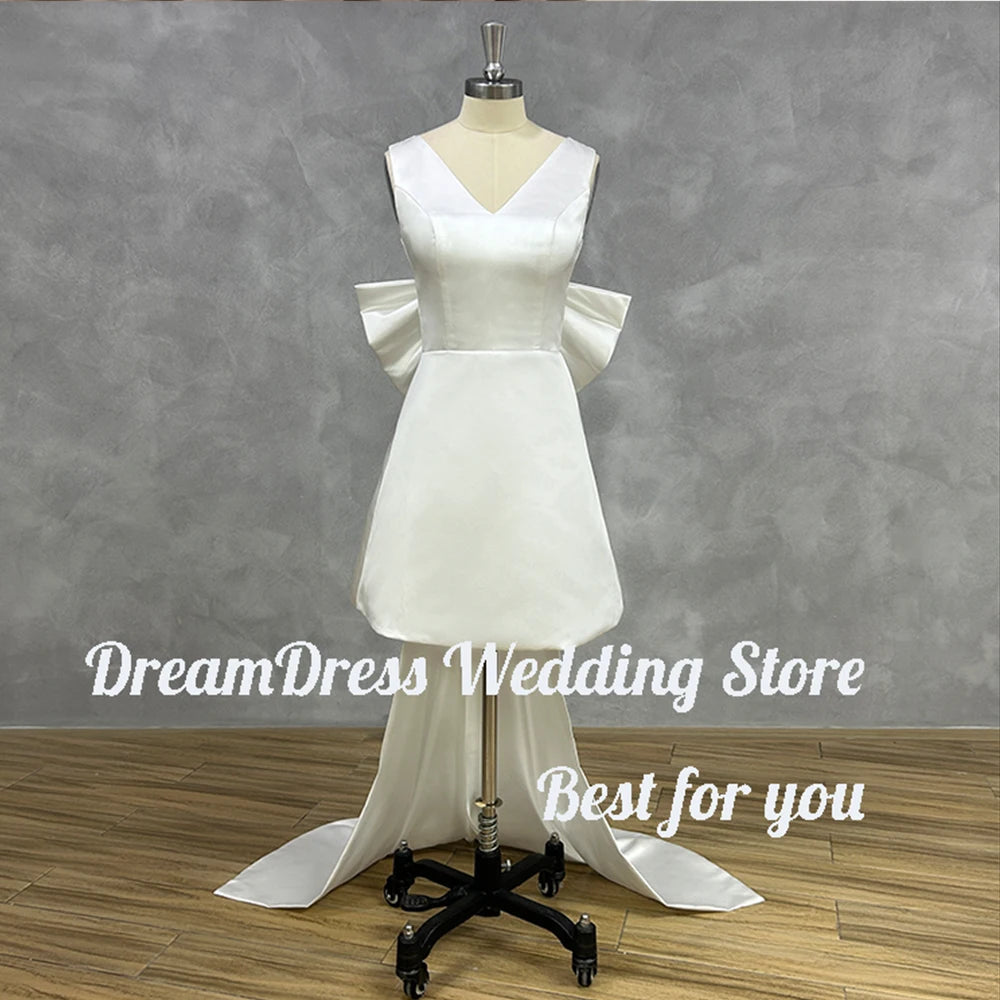 DREAM Customized Short Mini Satin V Neck Bridal Gown Large Bow Open Back Sleeveless Above Knee Length Wedding Party Dress 2025
