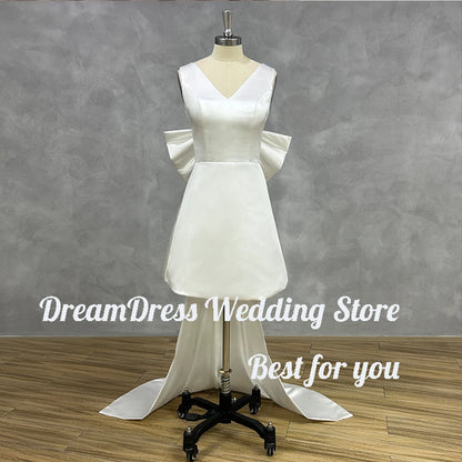 DREAM Customized Short Mini Satin V Neck Bridal Gown Large Bow Open Back Sleeveless Above Knee Length Wedding Party Dress 2025