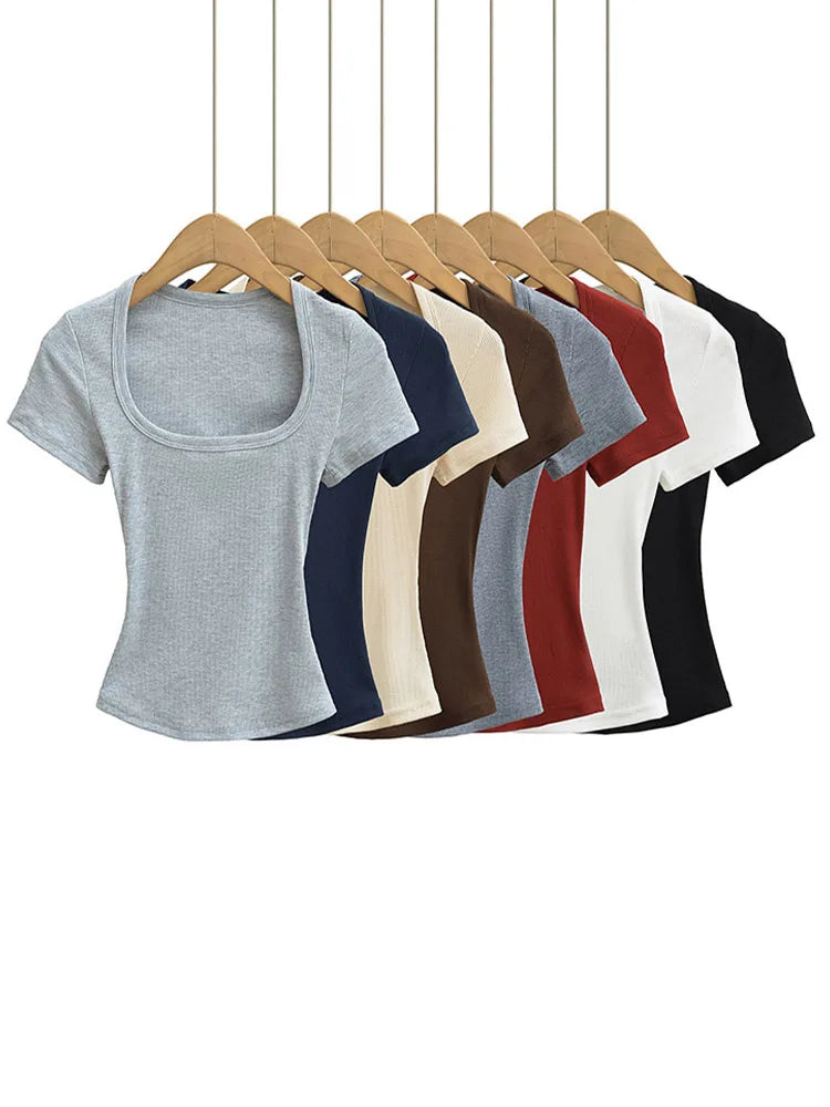 Summer square neck high elasticity crop top women's short sleeved sexy top slim fit pullover base shirt