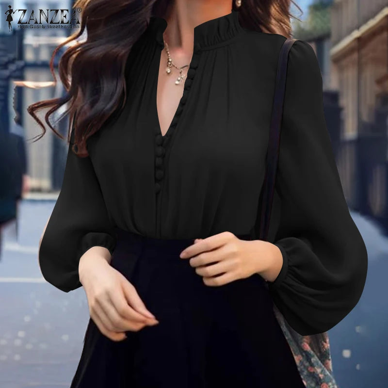 ZANZEA Fashion Lantern Long Sleeve Tops Elegant Shirt 2024 Casual Loose V-neck Bottun Simple Vintage Stand Collar Office Blouse