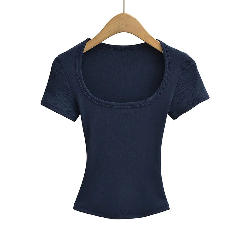 Summer square neck high elasticity crop top women's short sleeved sexy top slim fit pullover base shirt