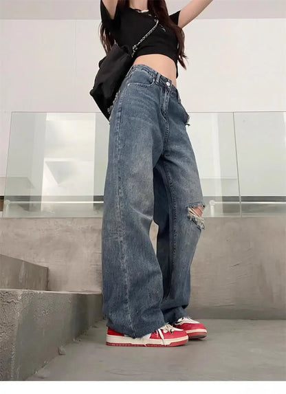 Vintage High-Waisted Wide-Leg Jeans Women's Spring New Loose-Fit Slimming Plus Size Pear-Shaped Body Straight-Leg Pants