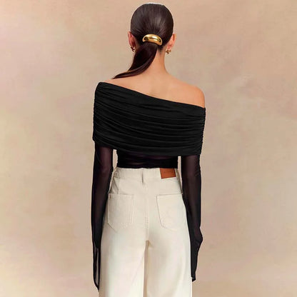 Off Shoulder Autumn Female's T-Shirt Solid Color Asymmetric Slash Neck Patchwork Women's Top Sexy Long Sleeve T-Shirt For Lady