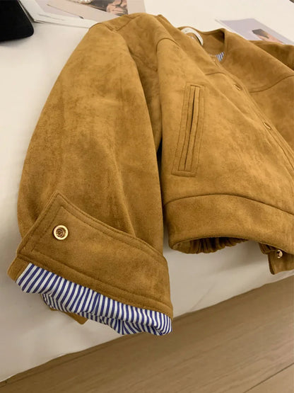 Suede Short Jacket Women Korean Camel Fashion Long Sleeve Flight Suit Harajuku Single Breasted Loose Tops Female Vintage Coats